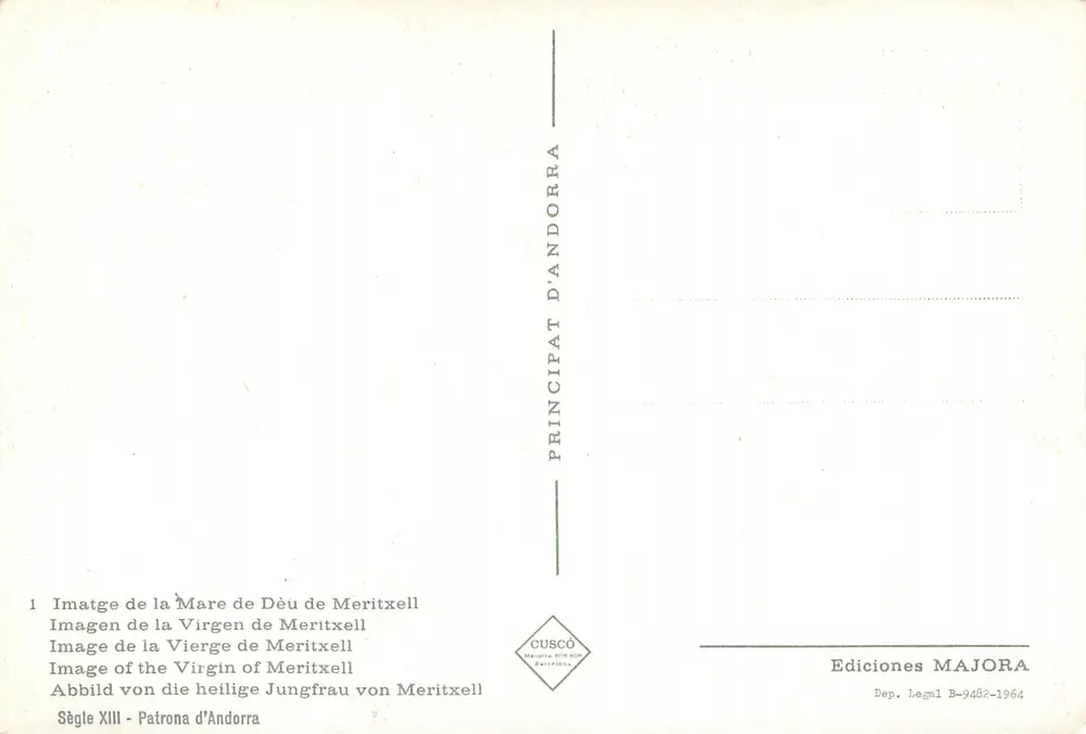 Virgem de Meritxell — estátua da Virgem com o Menino — Ediciones MAJORA, série B-9482-1964 - Verso