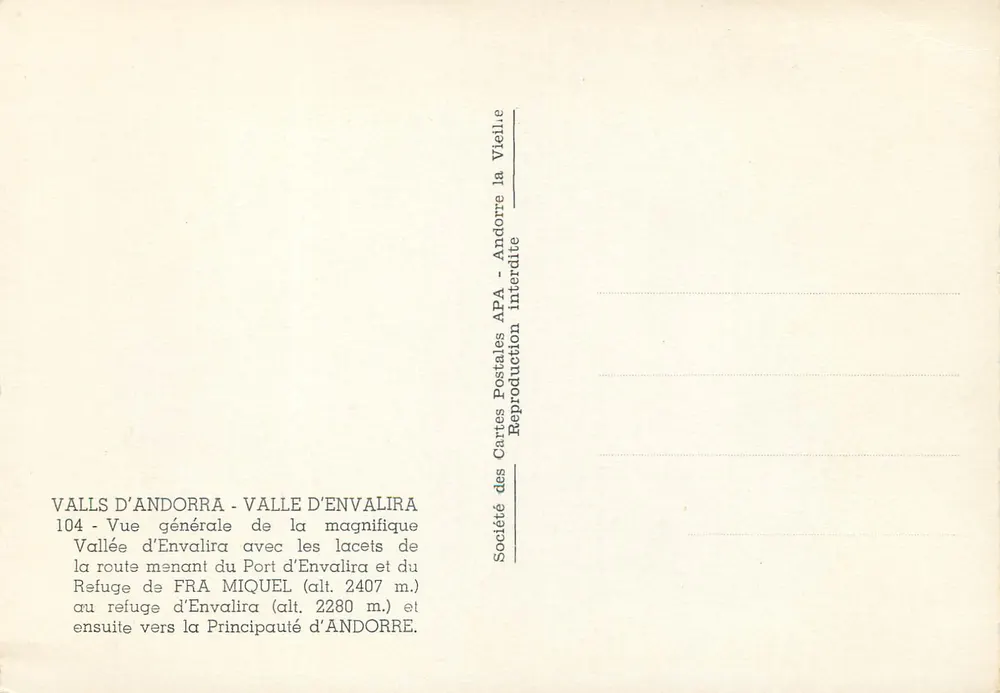 Tal von Envalira — Route zum Envalira-Pass und zum Schutzhaus Fra Miquel — APA Postkarten-Gesellschaft - Rückseite