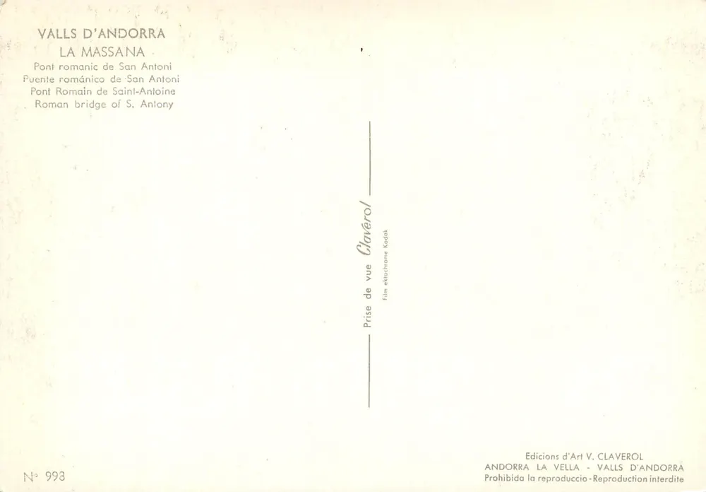 Römischer Brücke von San Antoni — Valls d'Andorra, La Massana — Verleger Clavérol, Nr. 993 - Rückseite