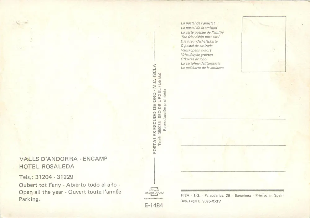 Hôtel Rosaleda — Andorre-la-Vieille — Verlag Postales Escudo de Oro, n° E-1484 - Rückseite