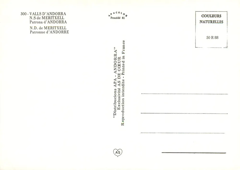 Nostra Senyora de Méritxell — zerstörte Kirche in den Valls d'Andorre — Verleger AS, Nr. 300 - Rückseite