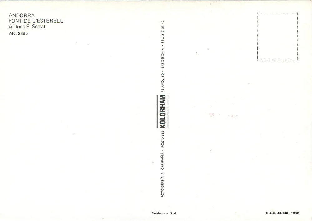 Pont de l'Esterell — Andorre — éditeur Kolorham, n° 2885 - Verso