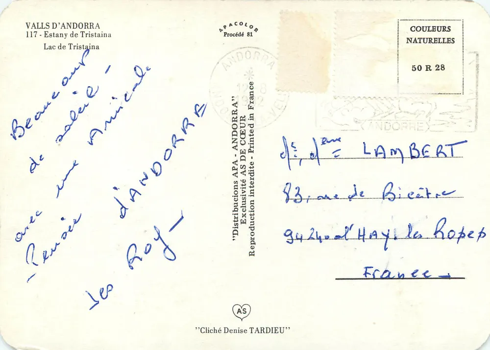 Jezioro Tristaina — Wali d'Andorra — wydawca APACOLOR, nr 117 - Rewers