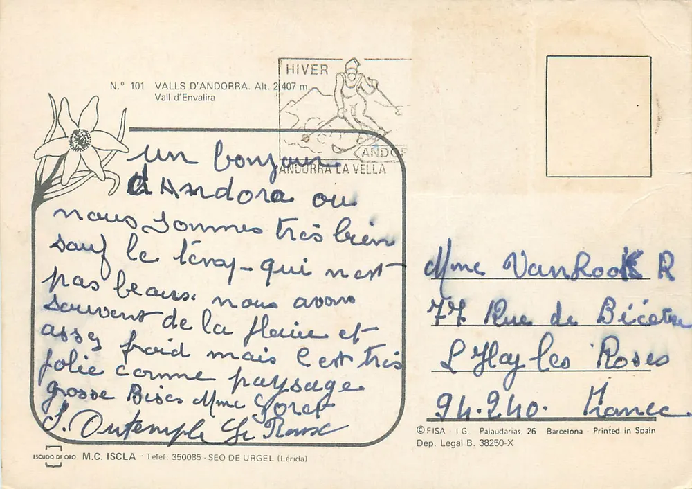 Coelho das montanhas — Andorra — Editor FISA, n° 101 - Verso