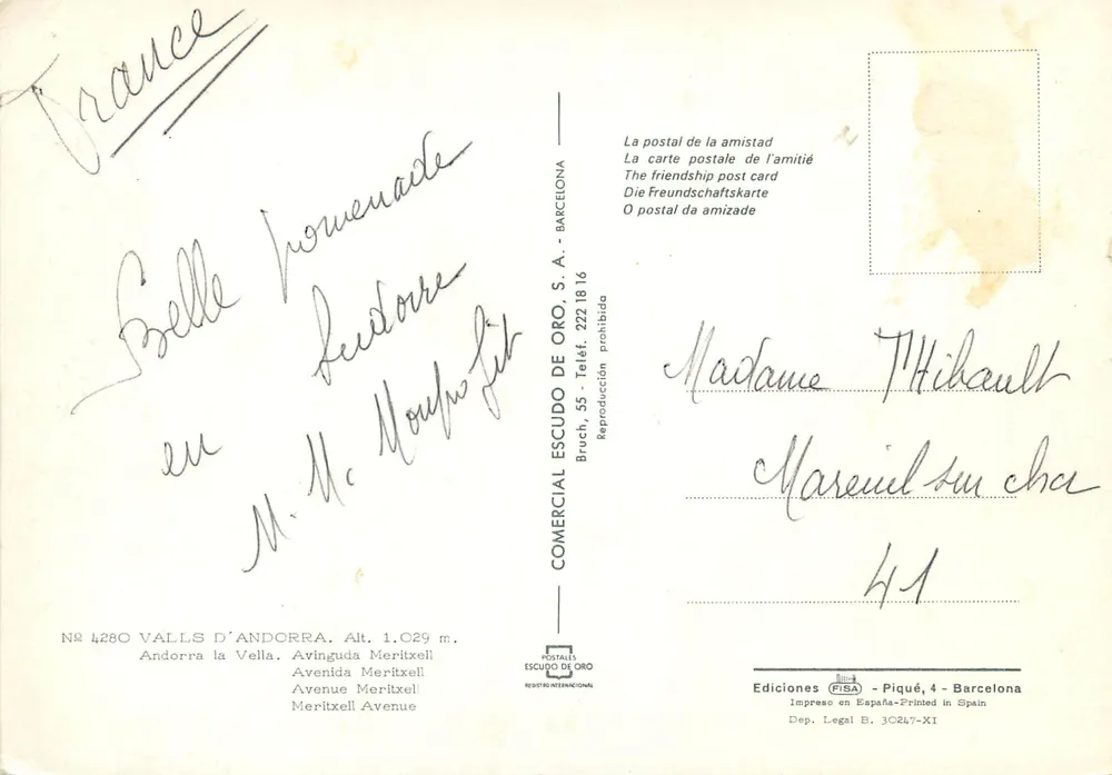 Andorra la Vella — Avenue Meritxell — Verleger Escudo de Oro, Nr. 4280 - Rückseite
