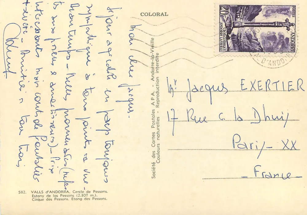 Cirque dos Pessons — Lago dos Pessons — Valls d'Andorra — Sociedade das Cartas Postais A.P.A. - Verso