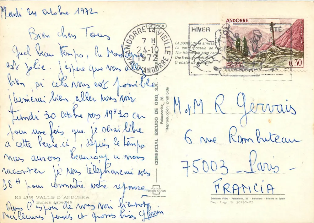 Andorra — paisagem, flores, teleférico e aldeia — editor FISA, n° 4335 - Verso