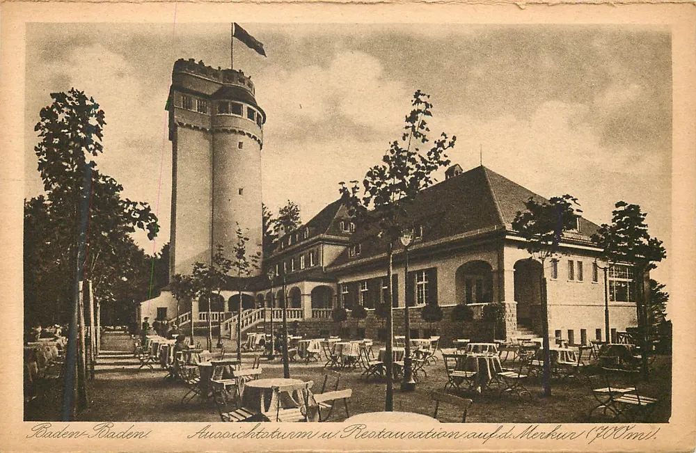 Baden-Baden — Visão do Torre de Observação e Restauração no Merkur (600 msl.) — Verlag von Emil Hartmann, Mannheim - Frente