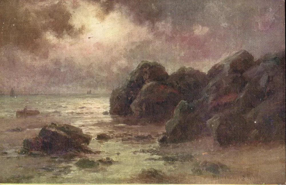 Costa rochosa ao entardecer — pintura — M.A.C.A. - Frente