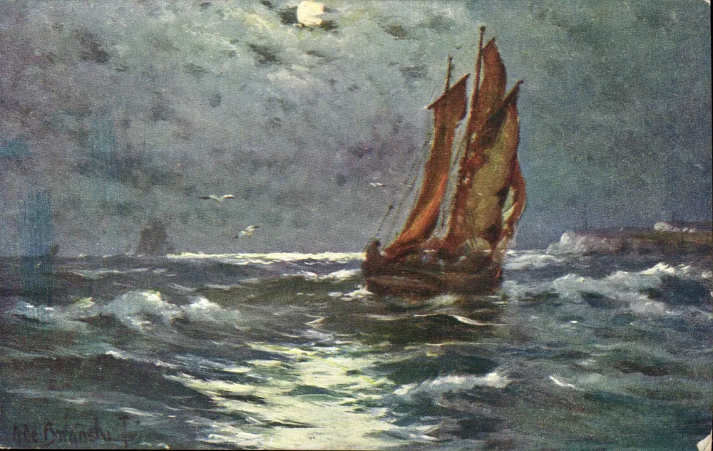 Zeilboot onder de maan — schilderij van Alde Bonnety — uitgever C.W. Faulkner & Co. Ltd, serie CWF - Voorkant