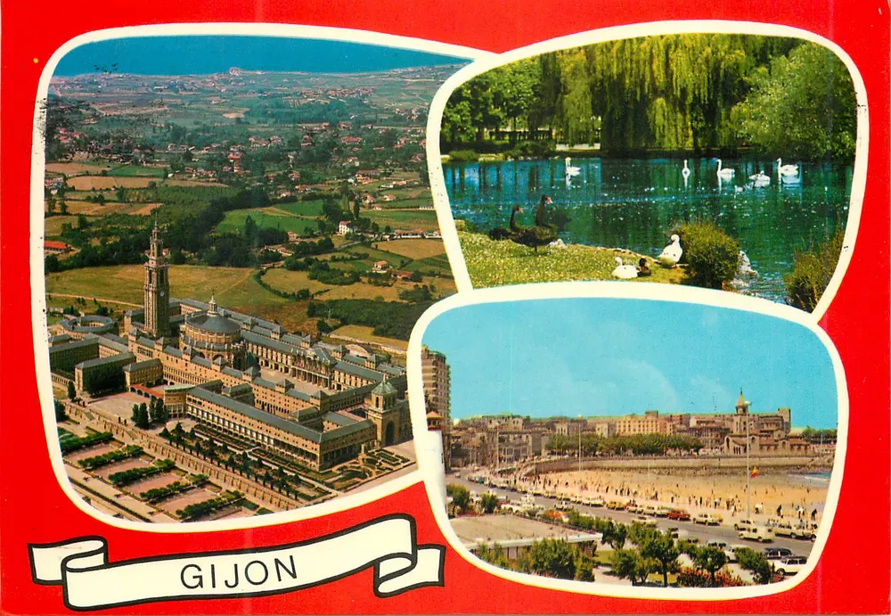 Gijón — vista aérea, lago com cisnes e praia — Éditions Laboral - Frente