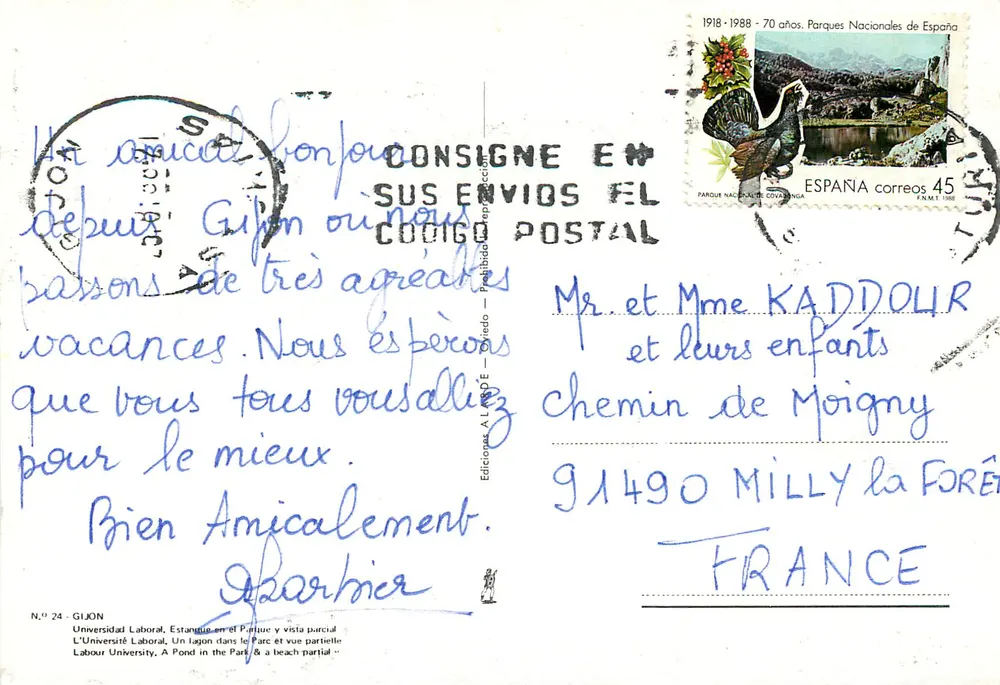 Gijón — vista aérea, lago com cisnes e praia — Éditions Laboral - Verso