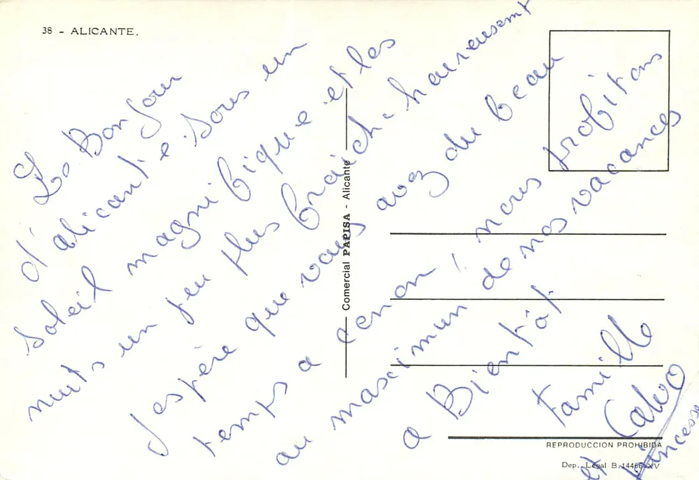 Alicante — Vista da promenade, dançarina e porto — Comercial PARISA, n°38 - Verso