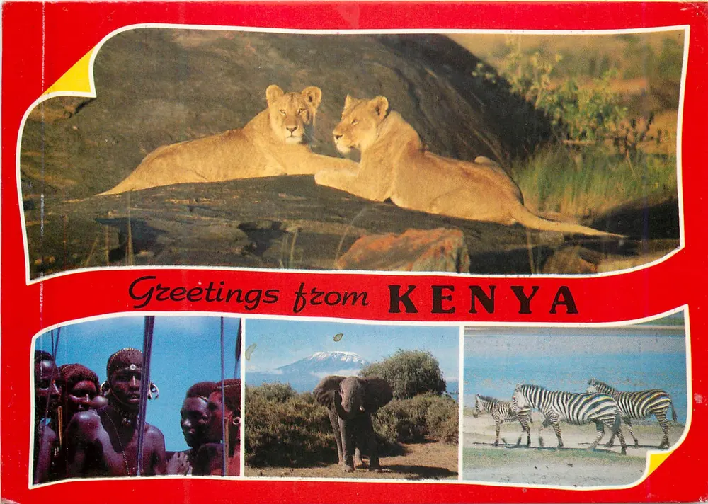 Saludo desde Kenia — leones, cebras, elefante, maasai — Kall Kwik, Mombasa - Anverso