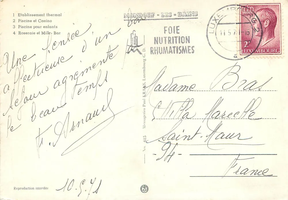 Mondorf-les-Bains — Estabelecimento termal, piscina, cassino e rosário — Messagères Paul K.R.A.S. G.D. - Verso