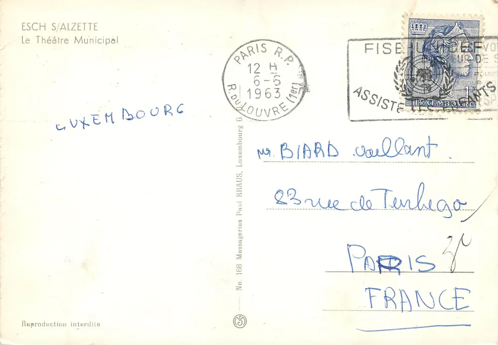 Esch-sur-Alzette — Stadttheater — Messageries Paul RRAUS, Nr. 168 - Rückseite