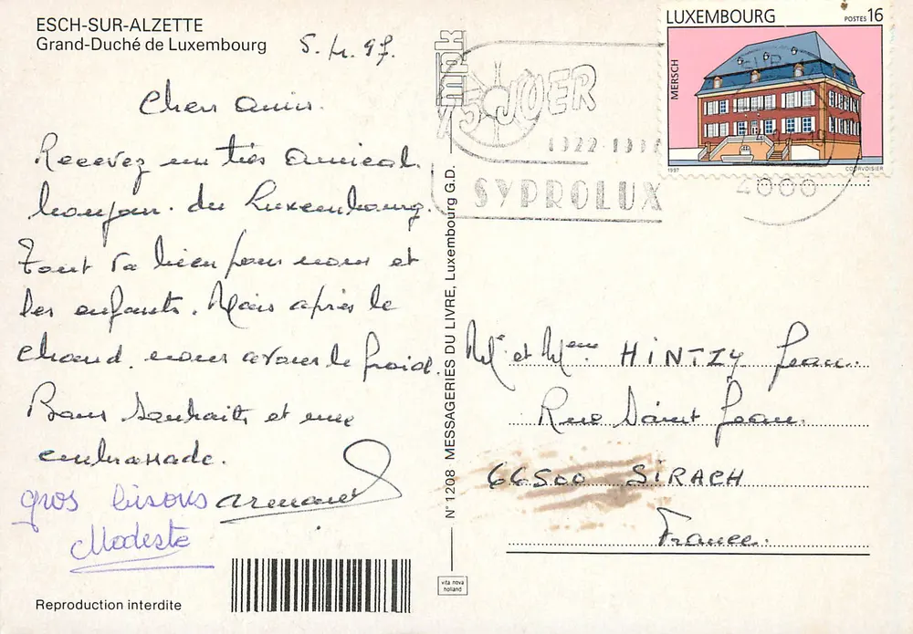 Esch-sur-Alzette — Blick auf Gebäude, Tempel und Statue — Verlag Messageries du Livre G.D. - Rückseite