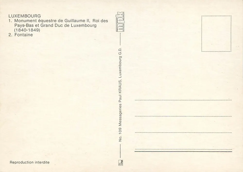 Luxemburgo — Monumento ecuestre de Guillermo II y fuente — Messageries Paul Kraus - Reverso
