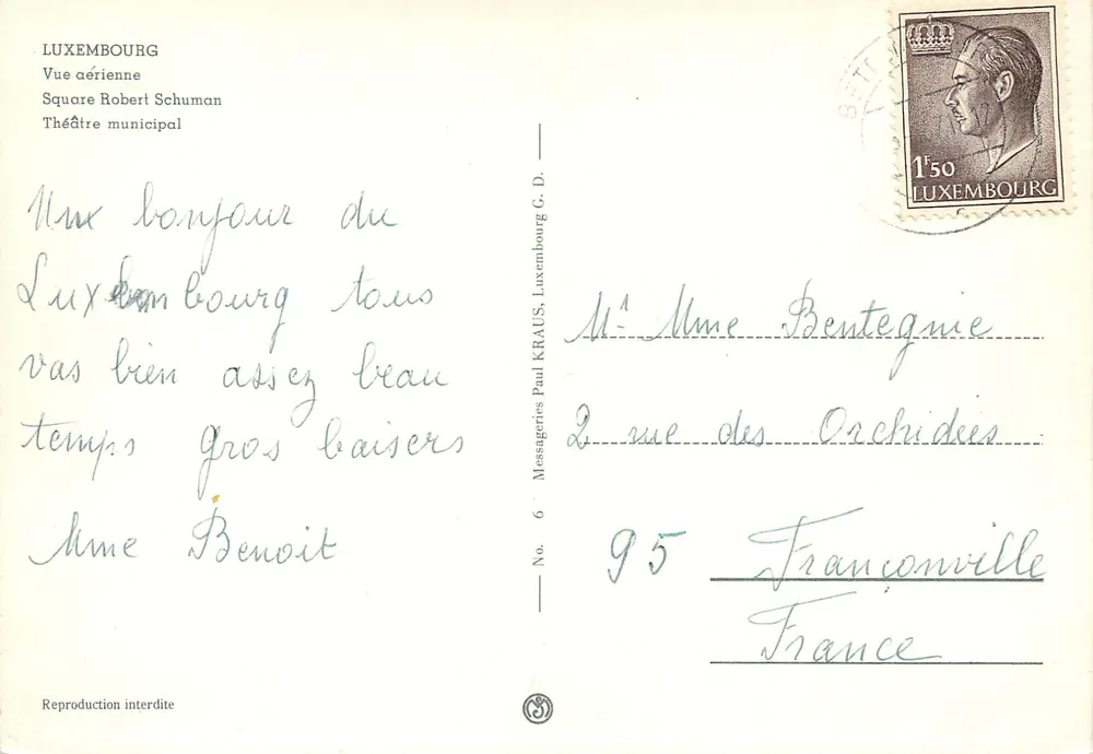Luxemburg — Luftbild des Stadtheaters im Square Robert Schuman — Messageries Paul Kraus - Rückseite