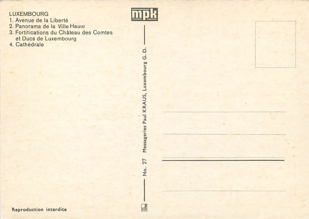 Luxemburg — Panorama van de Hoge Stad, Laan van de Vrijheid, Verdedigingswerken van het Kasteel van de Graven en Kathedraal — Messageries Paul Kraus - Achterkant