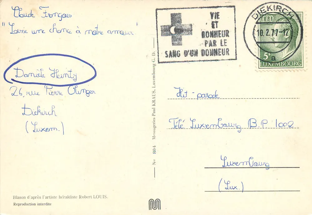 Diekirch — vista panorâmica, cidade, igreja e acampamento — editor R. Louis, n° de série 804 - Verso