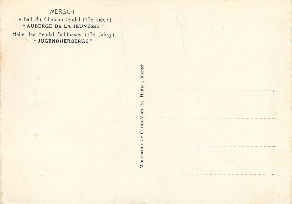 Mersch — O Salão do Castelo Feudal — Manufatura de Cartas-Vistas Ed. Hansen, Mersch - Verso