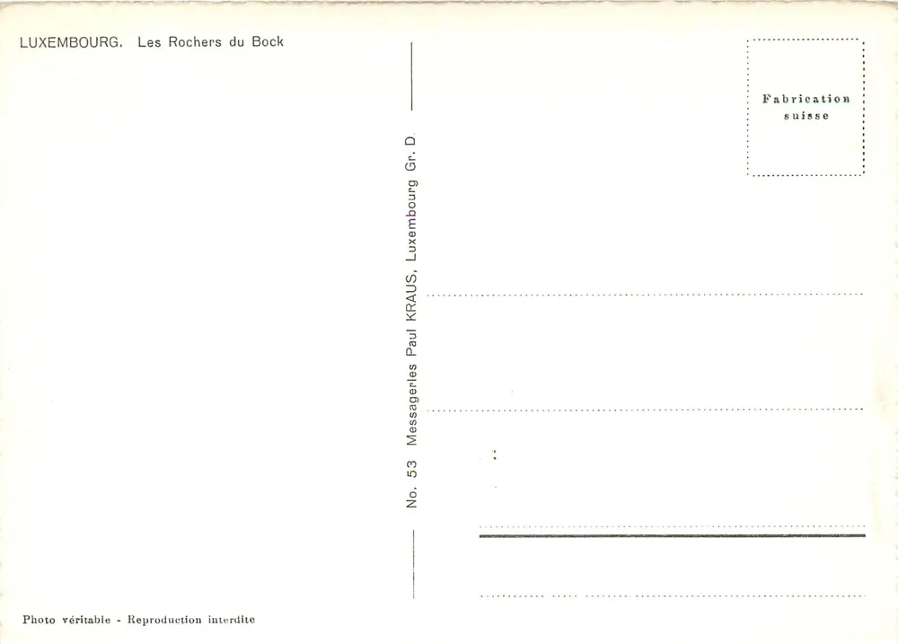 Les Rochers du Bock — Luxemburgo — Messageries Paul KRAUS, No. 53 - Verso