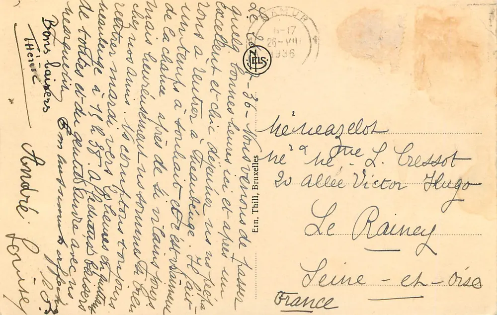 Namur — Ansicht der Stadt und Zusammenfluss von Sambre und Meuse — Verleger NELS, Seriennummer nicht sichtbar - Rückseite