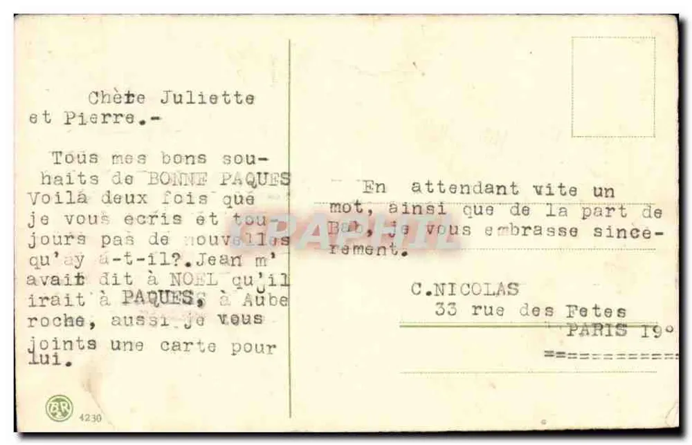 Páscoa — pássaros e salgueiro — C. NICOLAS, Paris - Verso