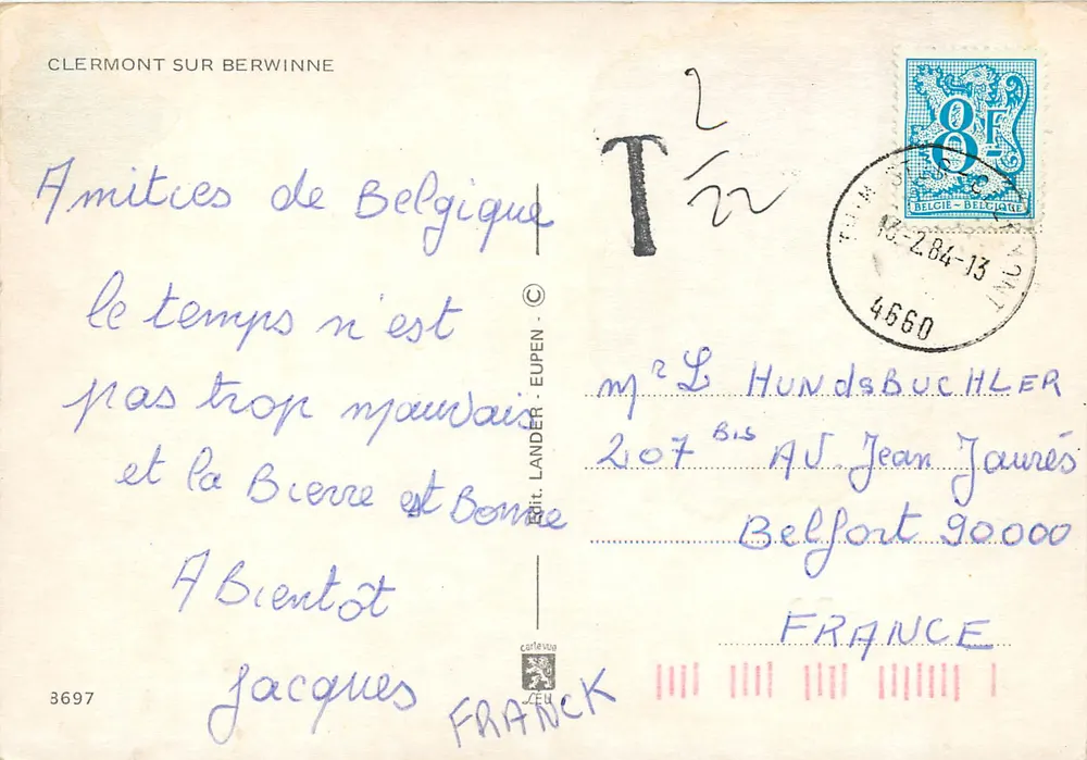 Clermont-sur-Berwinne — vista da prefeitura, igreja e paisagem — Édit. Lander - Eupen n°3697 - Verso