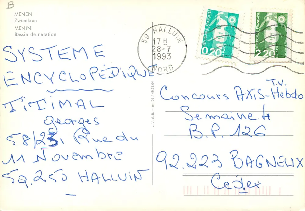 Bassin de natation — Menen — editor J.V.d.B. n° 03/456804 - Verso