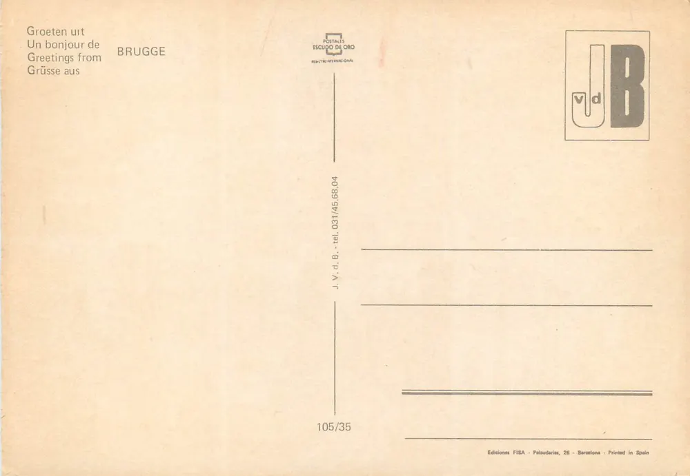 Bruges — Saudações de — J.V.d.B. / Escudo de Oro - Verso