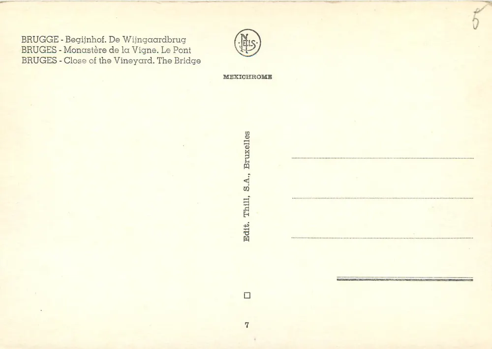 Bruges - Begijnhof, o ponte do vinha — editor Thill, S.A., Bruxelas, n°7 - Verso