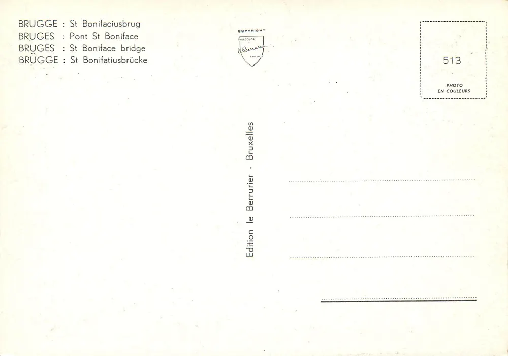 Bruges — Ponte São Bonifácio — Edição le Berrurier, n° 513 - Verso