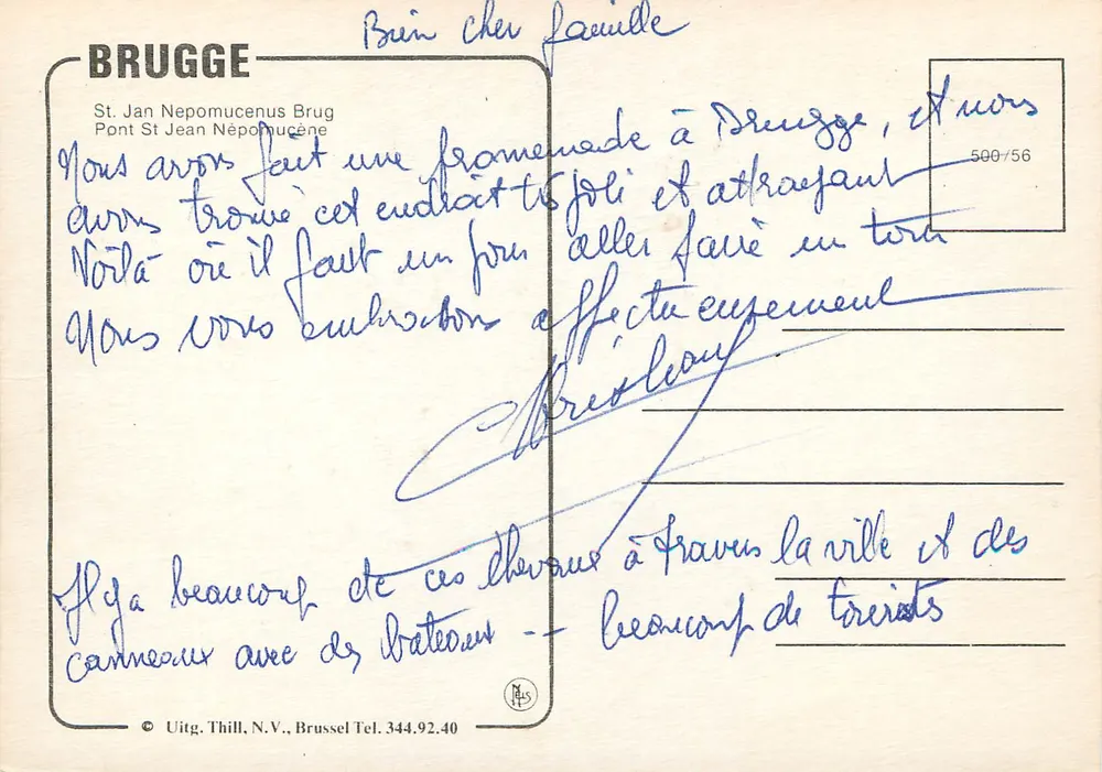 Brugge — carriage ride — publisher Uitg. Thill N.V., Brussels, no. 500/56 - Back