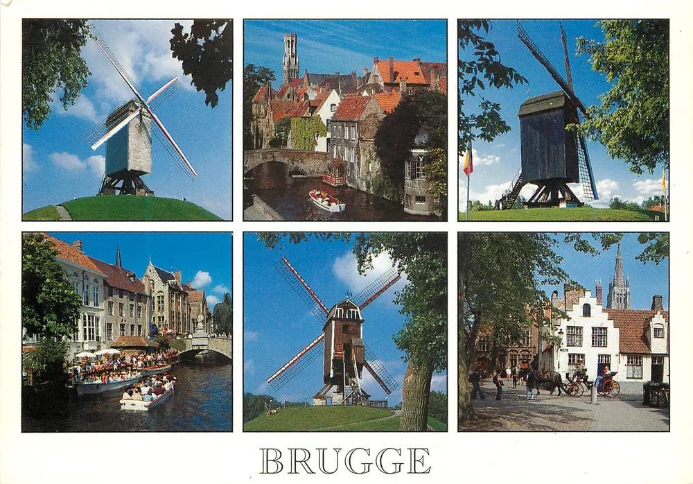 Bruges — sei viste della città con mulini a vento e canali — editore CARDMASTER, n. 2320032 - Recto