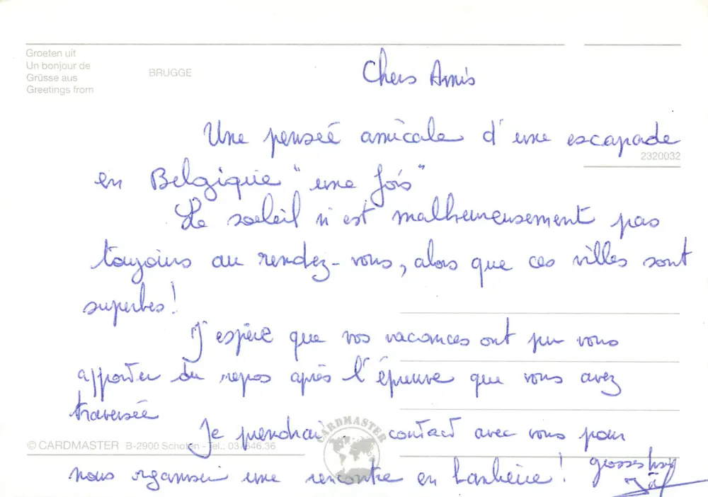 Bruges — sei viste della città con mulini a vento e canali — editore CARDMASTER, n. 2320032 - Verso