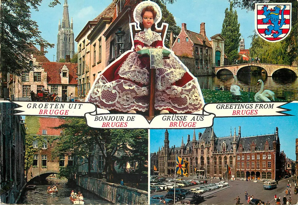 Bruges — vista panorâmica com mulher em traje tradicional — Edit. Lander - Frente