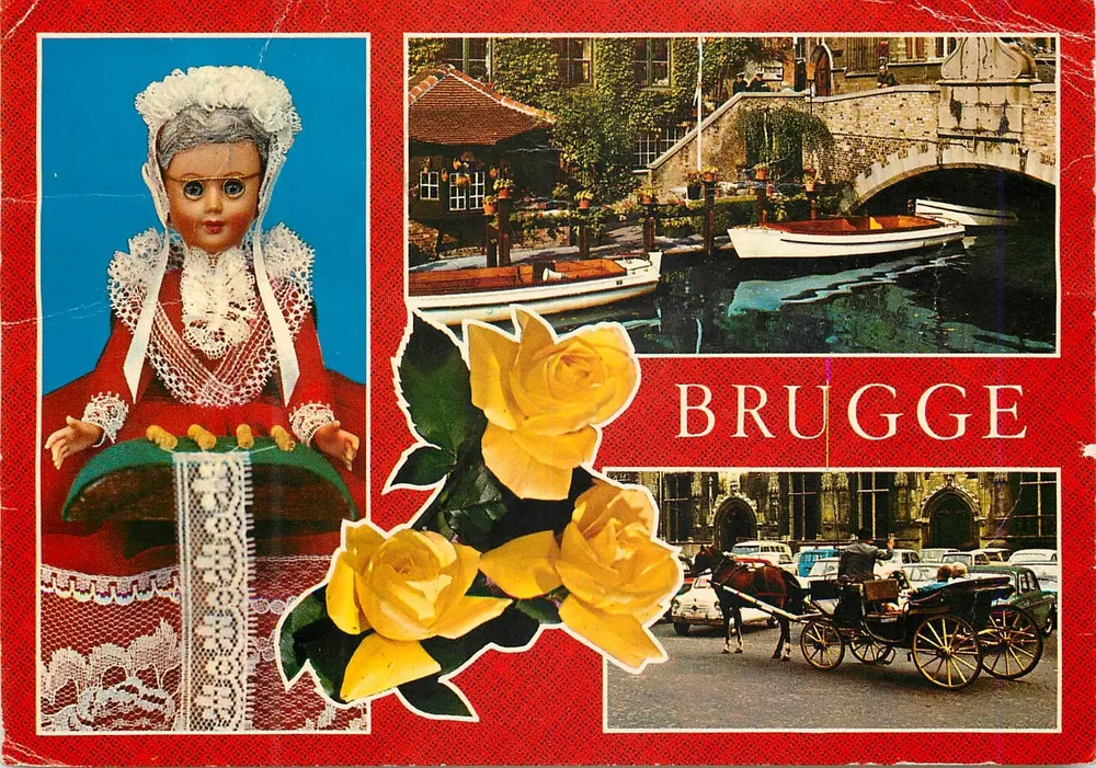 Bruges — uitzicht op de stad met een popje en rozen — uitgever Van MiegheM - Voorkant