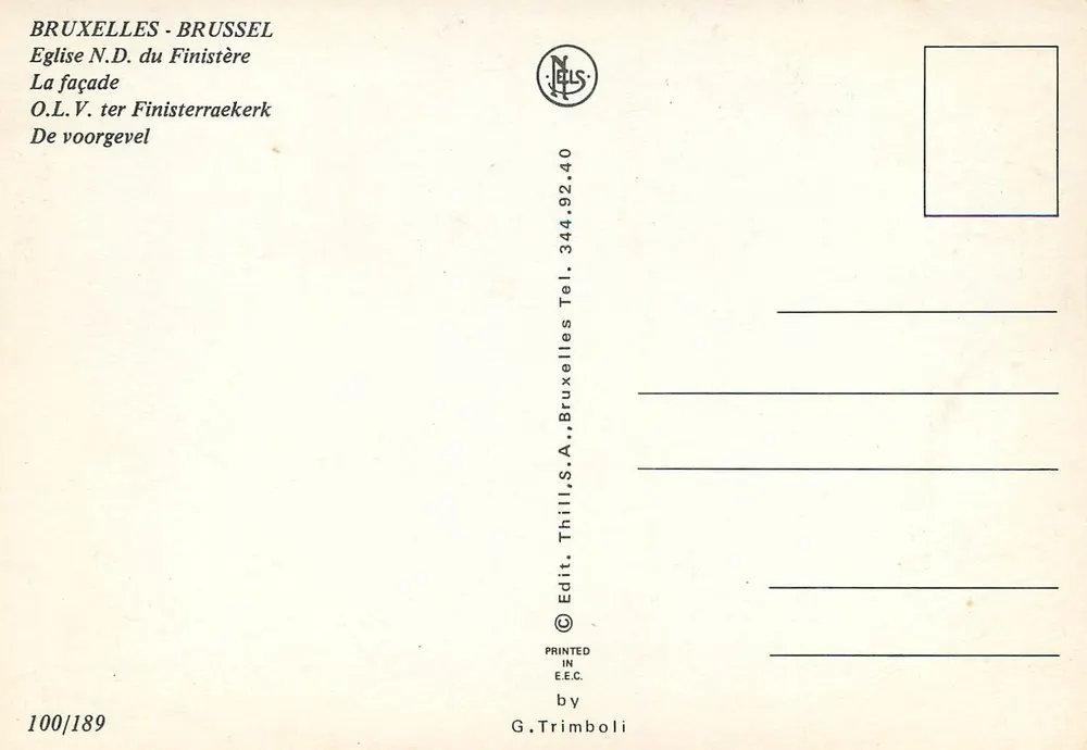 Iglesia de Nuestra Señora del Finistère — Bruselas — editor Thill, S.A., n° 100/189 - Reverso