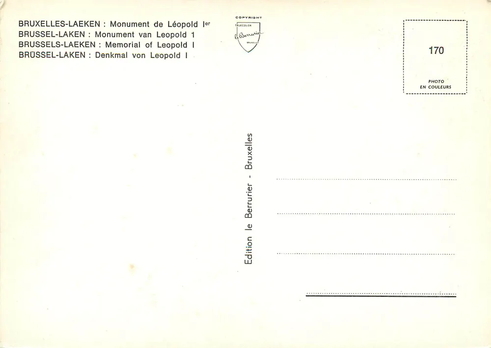 Monumento de Léopold I — Bruxelas-Laecken — Edição le Berrurier, n°170 - Verso