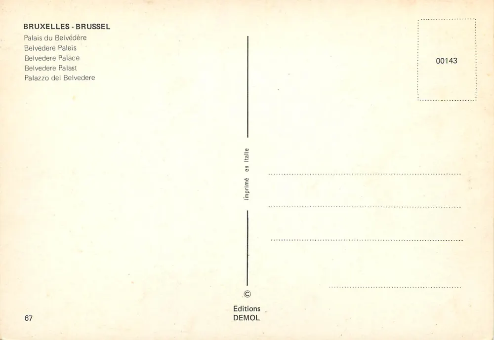 Palácio do Belvédere — Bruxelas — Edições DEMOL n°00143 - Verso