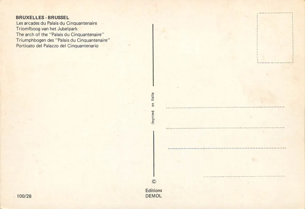 Bruxelas - Bruxelas - Arcos do Palácio do Cinquentenário — Edições DEMOL, n° 100/28 - Verso