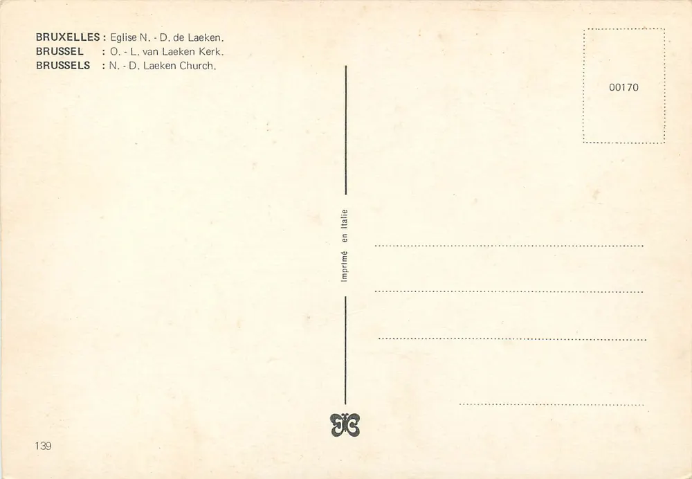 Bruxelas - Igreja N.-D. de Laeken — Impresso na Itália, n° de série 00170 - Verso