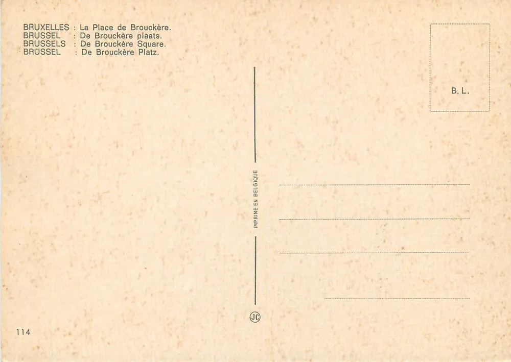 Praça de Brouckère — Bruxelas — editor B.L. n°114 - Verso