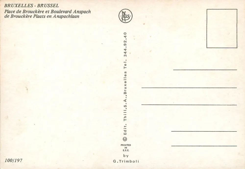 Place de Brouckère e Boulevard Anspach em Bruxelas — editor Thill, S.A., n° 100/197 - Verso