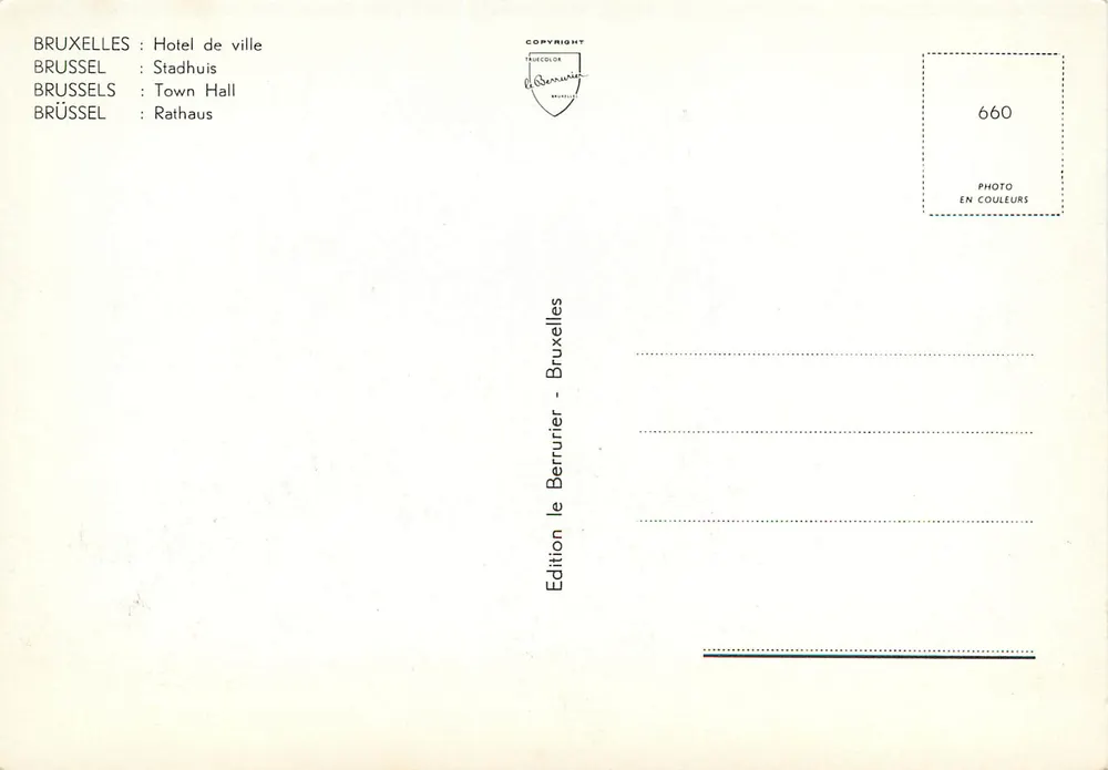 Bruxelas - Palácio da Cidade — editor Bruxelloir, n° 660 - Verso
