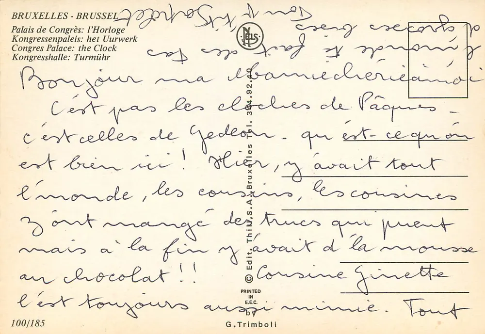 Bruxelas - Palácio dos Congressos: o Relógio — editor G. Trimboli, n° 100/185 - Verso