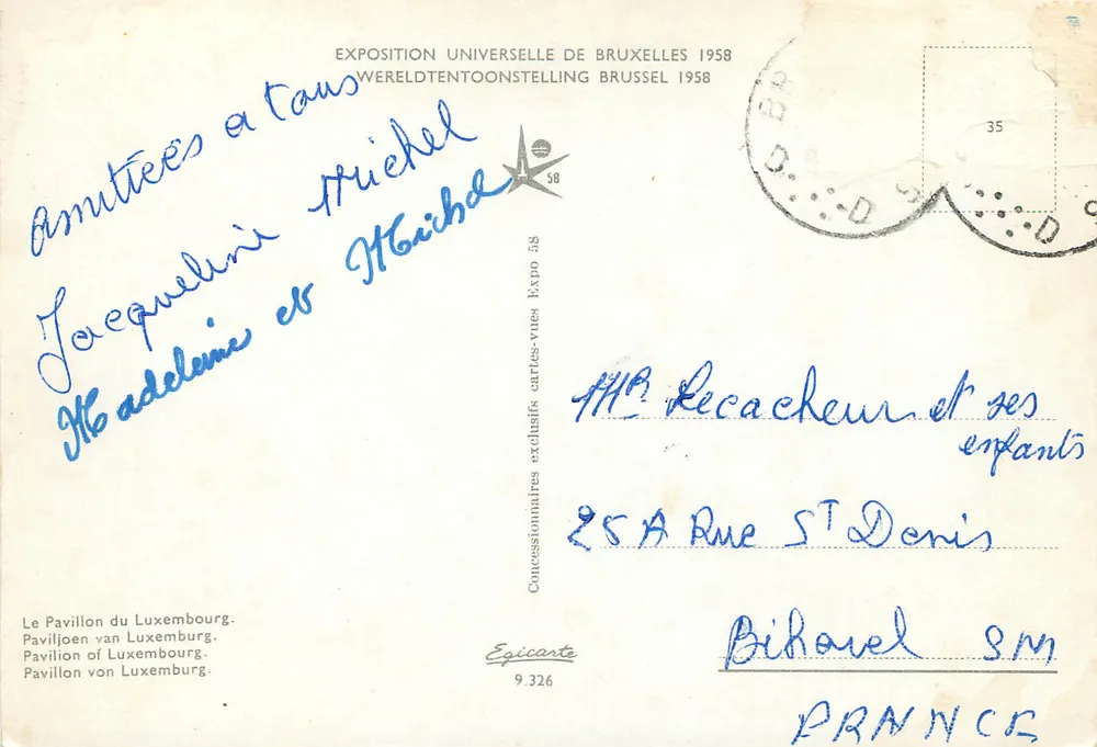 Pavillon des Großherzogtums Luxemburg — Weltausstellung in Brüssel 1958 — Verlag Epicarte n° 9.326 - Rückseite