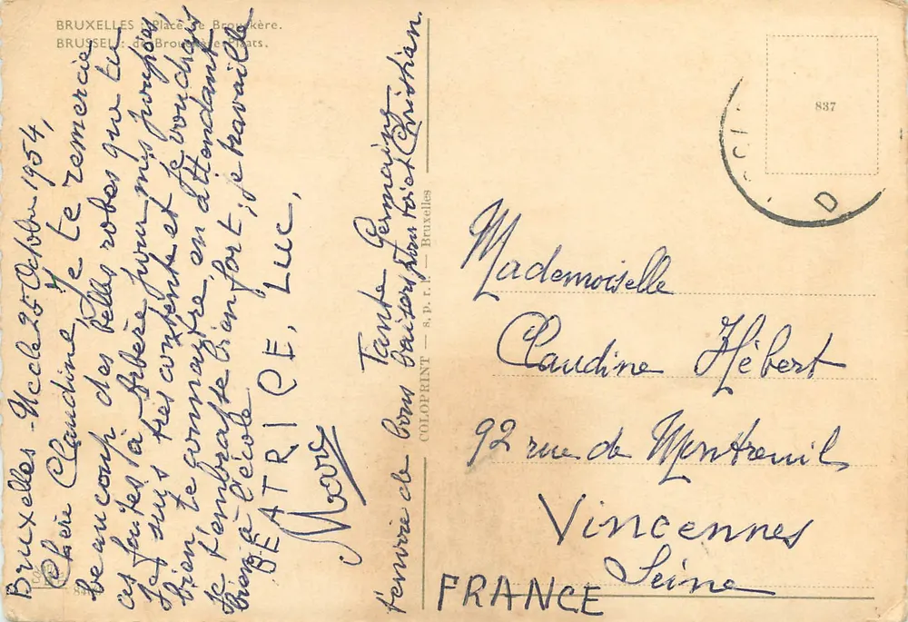 Place de Brouckère — Bruxelas — editor Coloprint, n° 837 - Verso